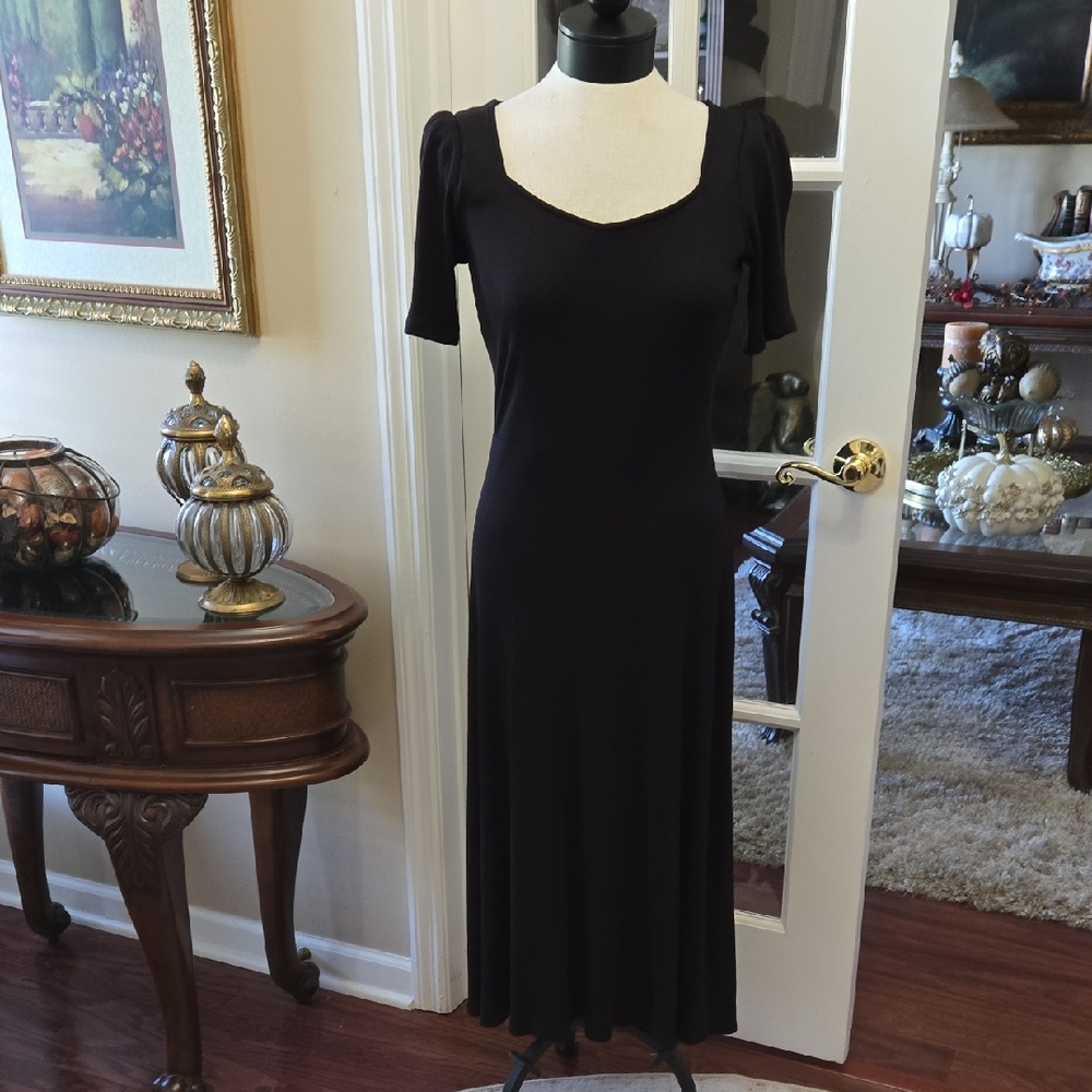 Loft Elegant Black Ribbed Maxi Dress Short Sleeve Stretch Sweetheart Neck XS EUC